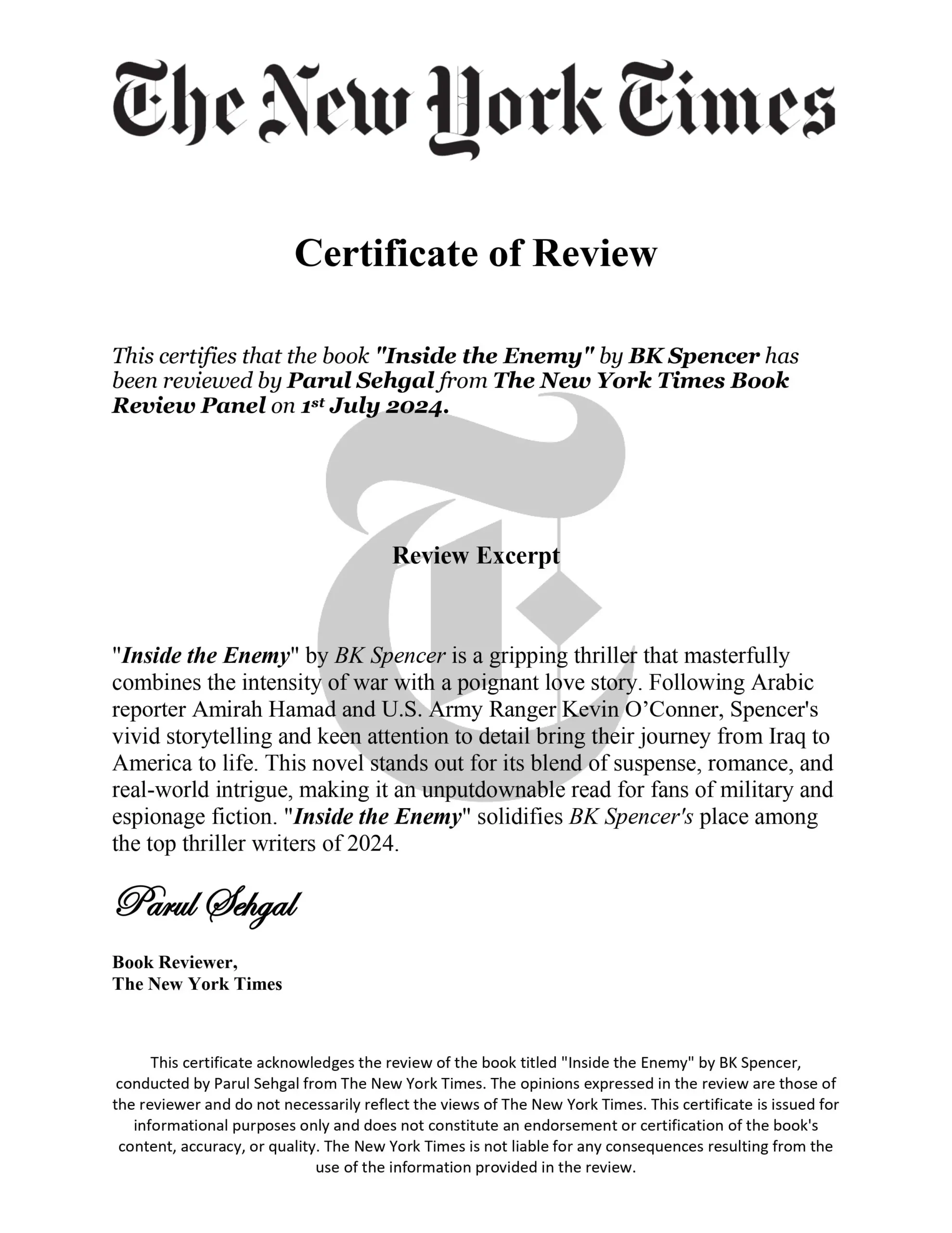The New York Times Certificate of Review
